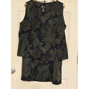 Vintage KS Women's Plus 20W Green Blue Boho 90s Paisley Maxi Skirt & Vest Set